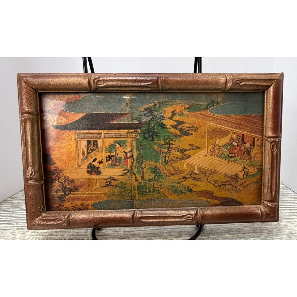 Vintage Japanese Art Framed Print Small Gold Brown Good Chinoiserie Faux Bamboo